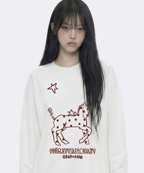 GRAVER（グレーバー）の「[ユニセックス]ドットポニー ヴィンテージ ロングスリーブ Tシャツ_5カラー（Tシャツ/カットソー・レディース・スカイブルー/インディゴブルー/アイボリー/ホワイト/ブラック・MEDIUM/LARGE）」の6枚目の写真