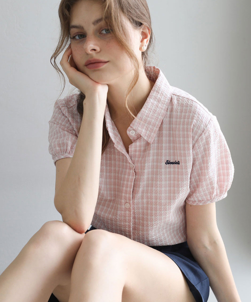 SLOWLOLLI（スローローリ）の「Seersucker check short-sleeve shirt_2 Colors（シャツ/ブラウス・レディース・PINK/ネイビー・FREE）」の11枚目の写真