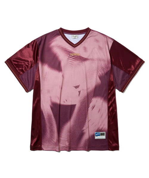 PHYSICAL DEPARTMENT(フィジカル デパートメント)の「マッシュルームメッシュサテンミックス半袖Tシャツ_バーガンディ(Tシャツ/カットソー・レディース・その他・SMALL/MEDIUM/LARGE/X-LARGE)」の2枚目の写真
