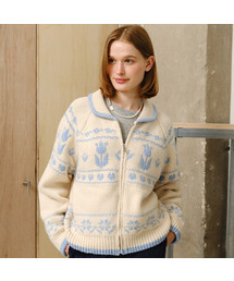Multi Jacquard Knit Zip Up Cardigan - Ivory