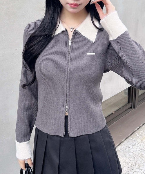 INGNI（イング）の「フェザー襟リブニットカーディガン（カーディガン/ボレロ・レディース・グレー系6/ブラック×ホワイト/ブラウン系6・M）」の2枚目の写真