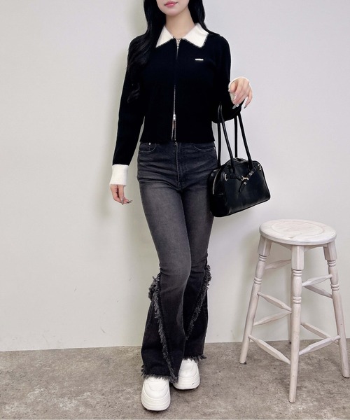 INGNI（イング）の「フェザー襟リブニットカーディガン（カーディガン/ボレロ・レディース・グレー系6/ブラック×ホワイト/ブラウン系6・M）」の16枚目の写真