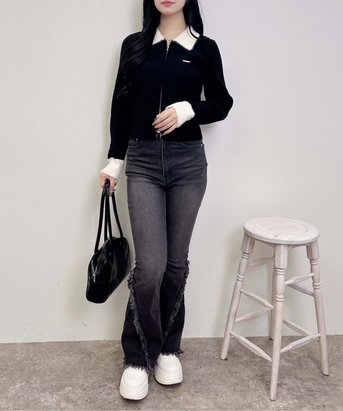 INGNI（イング）の「フェザー襟リブニットカーディガン（カーディガン/ボレロ・レディース・グレー系6/ブラック×ホワイト/ブラウン系6・M）」の15枚目の写真