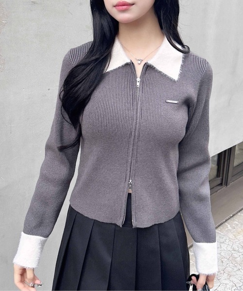 INGNI（イング）の「フェザー襟リブニットカーディガン（カーディガン/ボレロ・レディース・グレー系6/ブラック×ホワイト/ブラウン系6・M）」の13枚目の写真