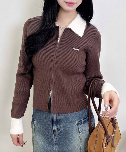 INGNI（イング）の「フェザー襟リブニットカーディガン（カーディガン/ボレロ・レディース・グレー系6/ブラック×ホワイト/ブラウン系6・M）」の7枚目の写真