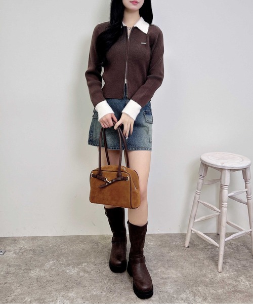 INGNI（イング）の「フェザー襟リブニットカーディガン（カーディガン/ボレロ・レディース・グレー系6/ブラック×ホワイト/ブラウン系6・M）」の4枚目の写真