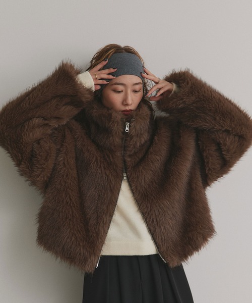 セール】ショート丈 スタンドカラー フェイクファージャケット（その他