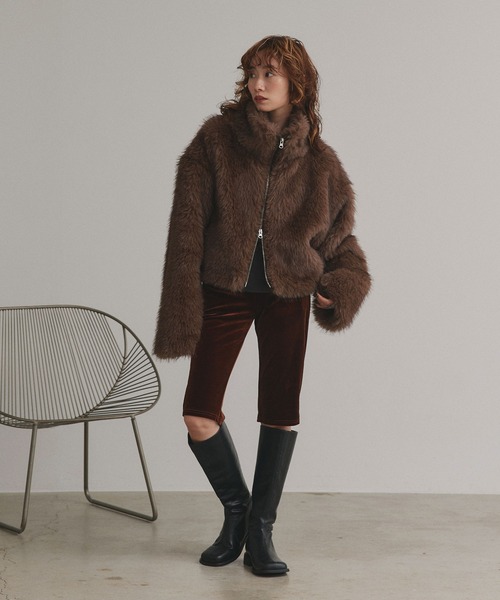 セール】ショート丈 スタンドカラー フェイクファージャケット（その他