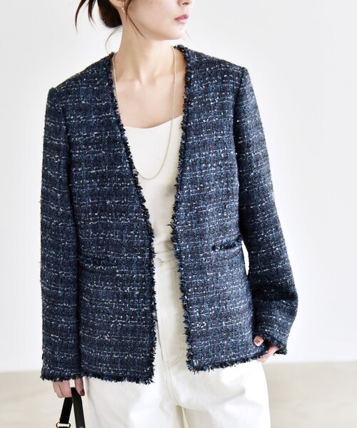 quaranciel: ツイード ノーラペル フリンジ ジャケット（ノーカラー
