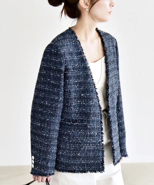 【セオリー】サイズ 2 マルチ ツイード ノーカラー ジャケット フリンジ 紺 quaranciel: ツイード ノーラペル フリンジ ジャケット（ノーカラー