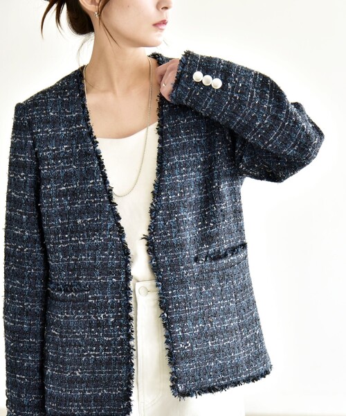 quaranciel: ツイード ノーラペル フリンジ ジャケット（ノーカラー