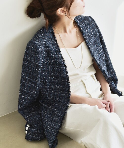 quaranciel: ツイード ノーラペル フリンジ ジャケット（ノーカラー