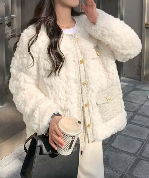 Miniministore（ミニミニストア）の「中綿入りファージャケット秋冬ボアアウター（ブルゾン・レディース・アイボリー・M/L）」の17枚目の写真
