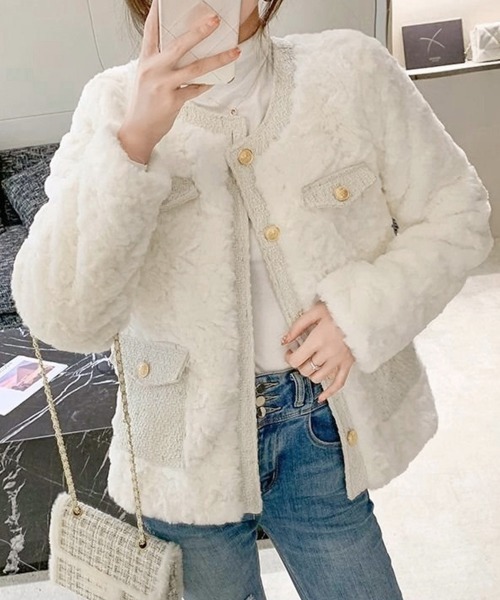 Miniministore（ミニミニストア）の「中綿入りファージャケット秋冬ボアアウター（ブルゾン・レディース・アイボリー・M/L）」の10枚目の写真