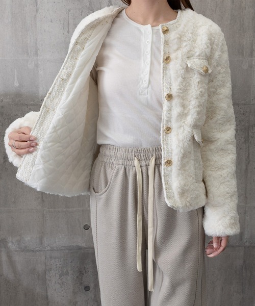 Miniministore（ミニミニストア）の「中綿入りファージャケット秋冬ボアアウター（ブルゾン・レディース・アイボリー・M/L）」の14枚目の写真