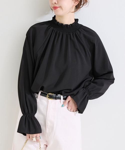 B.C STOCK(ベーセーストック)の「手洗い可 / ジョーゼットスタンドフリルブラウス(シャツ/ブラウス・レディース・ホワイト/ブラック・FREE)」の2枚目の写真