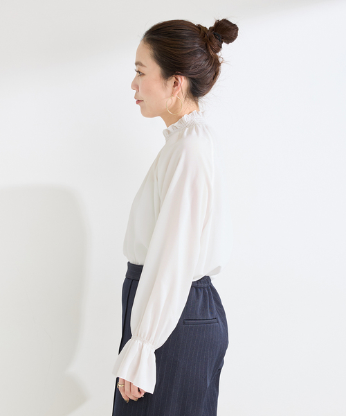 B.C STOCK(ベーセーストック)の「手洗い可 / ジョーゼットスタンドフリルブラウス(シャツ/ブラウス・レディース・ホワイト/ブラック・FREE)」の14枚目の写真