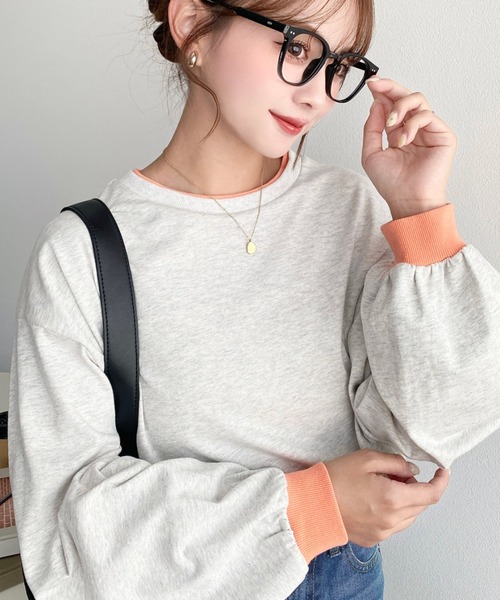 moment+(モーメントプラス)の「バイカラー配色リブロンT(Tシャツ/カットソー・レディース・ネイビー/杢グレー/オートミール/オフホワイト・M/L)」の1枚目の写真