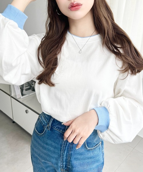moment+(モーメントプラス)の「バイカラー配色リブロンT(Tシャツ/カットソー・レディース・ネイビー/杢グレー/オートミール/オフホワイト・M/L)」の5枚目の写真
