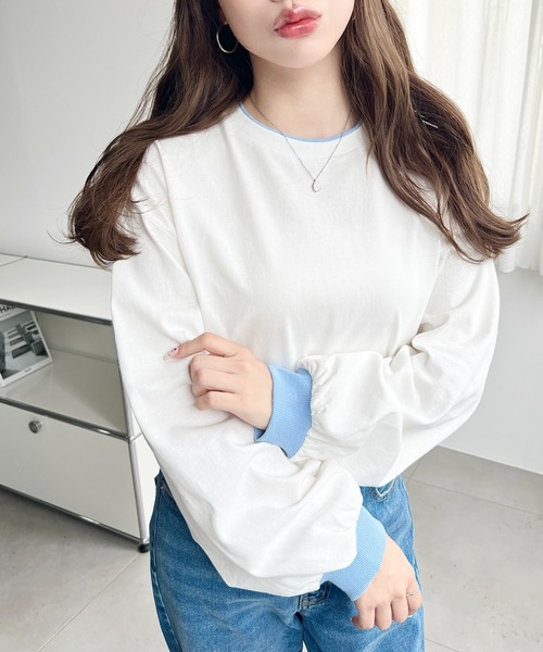 moment+(モーメントプラス)の「バイカラー配色リブロンT(Tシャツ/カットソー・レディース・ネイビー/杢グレー/オートミール/オフホワイト・M/L)」の6枚目の写真