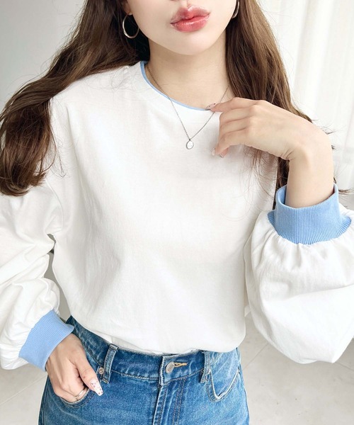 moment+(モーメントプラス)の「バイカラー配色リブロンT(Tシャツ/カットソー・レディース・ネイビー/杢グレー/オートミール/オフホワイト・M/L)」の7枚目の写真