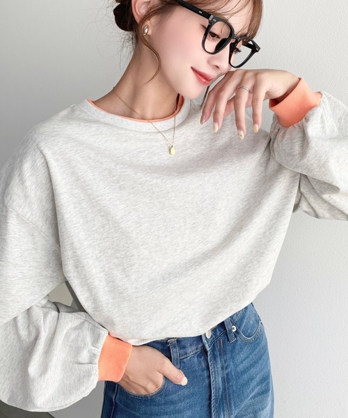moment+(モーメントプラス)の「バイカラー配色リブロンT(Tシャツ/カットソー・レディース・ネイビー/杢グレー/オートミール/オフホワイト・M/L)」の11枚目の写真