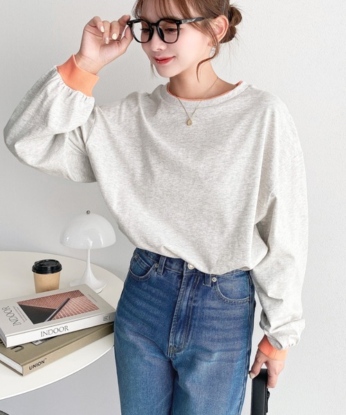 moment+(モーメントプラス)の「バイカラー配色リブロンT(Tシャツ/カットソー・レディース・ネイビー/杢グレー/オートミール/オフホワイト・M/L)」の18枚目の写真