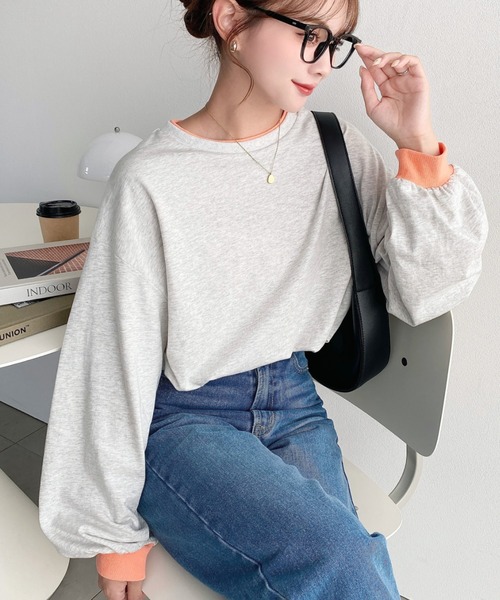 moment+(モーメントプラス)の「バイカラー配色リブロンT(Tシャツ/カットソー・レディース・ネイビー/杢グレー/オートミール/オフホワイト・M/L)」の17枚目の写真
