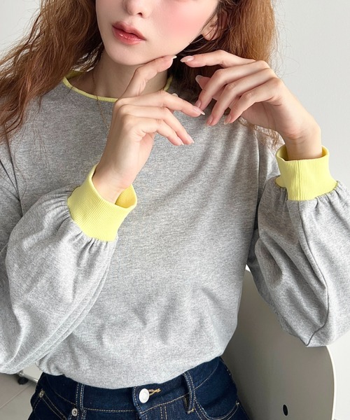 moment+(モーメントプラス)の「バイカラー配色リブロンT(Tシャツ/カットソー・レディース・ネイビー/杢グレー/オートミール/オフホワイト・M/L)」の14枚目の写真