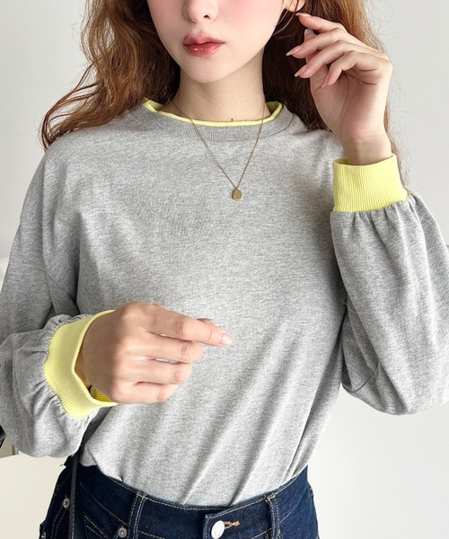 moment+(モーメントプラス)の「バイカラー配色リブロンT(Tシャツ/カットソー・レディース・ネイビー/杢グレー/オートミール/オフホワイト・M/L)」の13枚目の写真