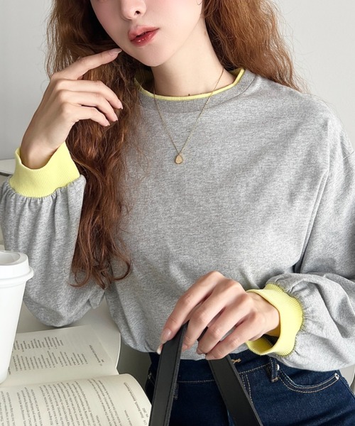 moment+(モーメントプラス)の「バイカラー配色リブロンT(Tシャツ/カットソー・レディース・ネイビー/杢グレー/オートミール/オフホワイト・M/L)」の16枚目の写真