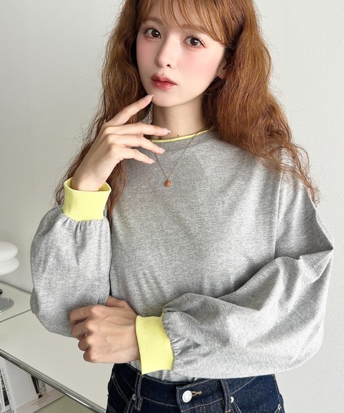 moment+(モーメントプラス)の「バイカラー配色リブロンT(Tシャツ/カットソー・レディース・ネイビー/杢グレー/オートミール/オフホワイト・M/L)」の15枚目の写真
