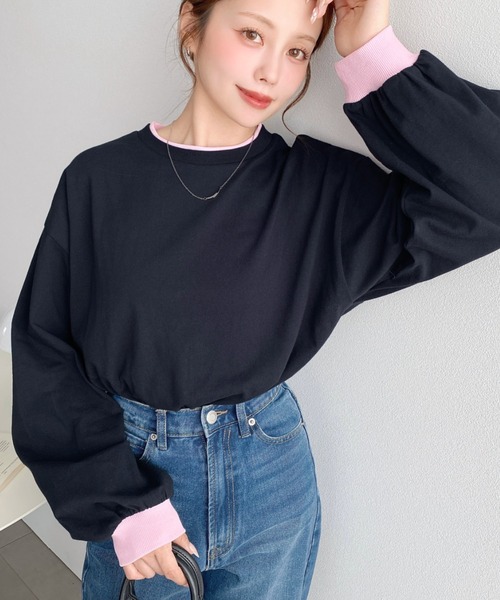moment+(モーメントプラス)の「バイカラー配色リブロンT(Tシャツ/カットソー・レディース・ネイビー/杢グレー/オートミール/オフホワイト・M/L)」の22枚目の写真