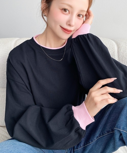 moment+(モーメントプラス)の「バイカラー配色リブロンT(Tシャツ/カットソー・レディース・ネイビー/杢グレー/オートミール/オフホワイト・M/L)」の20枚目の写真
