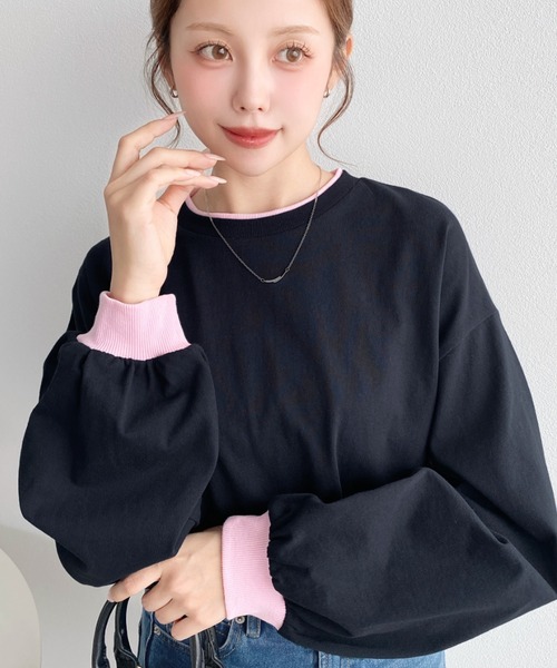 moment+(モーメントプラス)の「バイカラー配色リブロンT(Tシャツ/カットソー・レディース・ネイビー/杢グレー/オートミール/オフホワイト・M/L)」の21枚目の写真