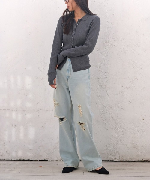 AKTE（アクテ）の「サムホールポロニットカーディガン（ニット/セーター・レディース・ホワイト/チャコールグレー・FREE）」の11枚目の写真