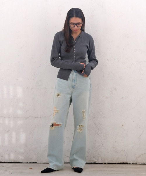 AKTE（アクテ）の「サムホールポロニットカーディガン（ニット/セーター・レディース・ホワイト/チャコールグレー・FREE）」の14枚目の写真