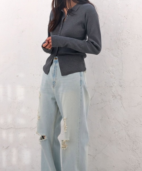 AKTE（アクテ）の「サムホールポロニットカーディガン（ニット/セーター・レディース・ホワイト/チャコールグレー・FREE）」の18枚目の写真