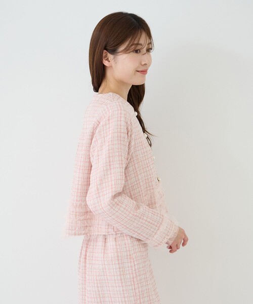 Jayro(ジャイロ)の「チュールフリル使いツィードジャケット(ノーカラージャケット・レディース・ブラック系その他/ピンク・M)」の5枚目の写真