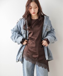 アシンメトリー 裾レース サテンブラウス