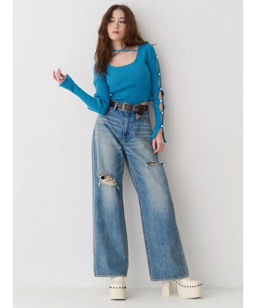 EVRIS（エヴリス）の「アームビジューニットトップス（ニット/セーター・レディース・ブラック/ホワイト/ブルー・FREE）」の6枚目の写真