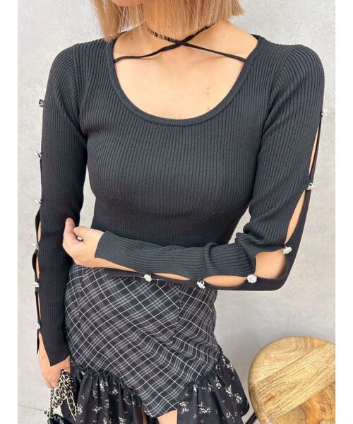 EVRIS（エヴリス）の「アームビジューニットトップス（ニット/セーター・レディース・ブラック/ホワイト/ブルー・FREE）」の8枚目の写真