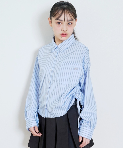 LOVETOXIC（ラブトキシック）の「短丈ドロストストライプシャツ（シャツ/ブラウス・キッズ・クリーム/ブルー・L:160cm/M:150cm/S:140cm）」の2枚目の写真