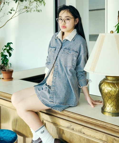 LOVETOXIC（ラブトキシック）の「短丈ドロストストライプシャツ（シャツ/ブラウス・キッズ・クリーム/ブルー・L:160cm/M:150cm/S:140cm）」の3枚目の写真