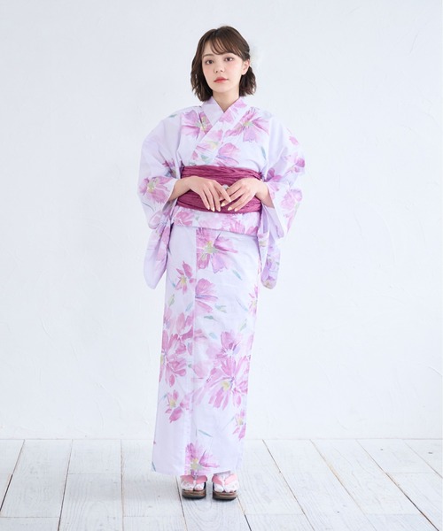 浴衣 絞り ピンク✖️帯パープル 有松絞り【浴衣】花びら 流水 綿 有松