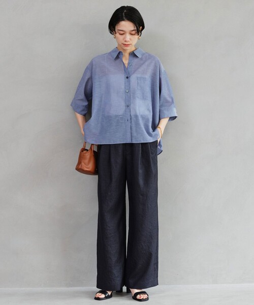 green label relaxing（グリーンレーベルリラクシング）の「［size SHORT/TALLあり］ライト リネンライク タック ワイドパンツ UVカット 通気性（スラックス・レディース・ダークブラウン/ネイビー/ナチュラル・40/38/36/SHORT/TALL）」の17枚目の写真
