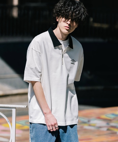 UMBRO(アンブロ)の「UMBRO アンブロ 別注コラボ オーバーサイズ鹿の子ワンポイントロゴ刺繍ハーフジップ半袖ポロシャツ(ポロシャツ・メンズ・ブラック/ホワイト×ブラック/ネイビー/ブラック×ホワイト/ホワイト・M/L/XL)」の20枚目の写真