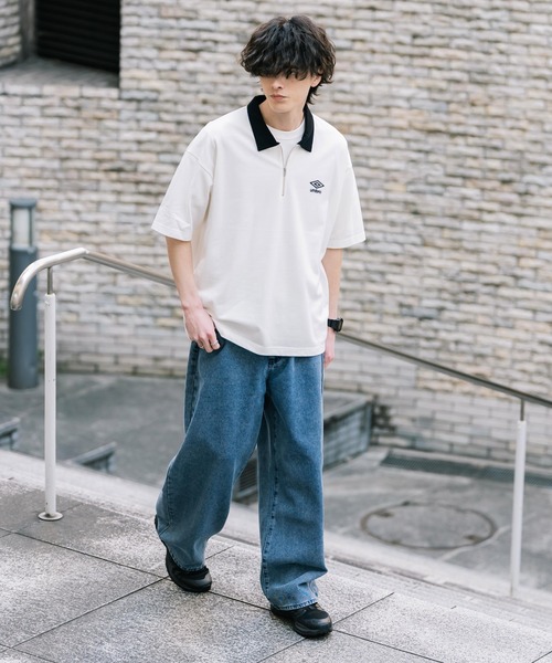 UMBRO(アンブロ)の「UMBRO アンブロ 別注コラボ オーバーサイズ鹿の子ワンポイントロゴ刺繍ハーフジップ半袖ポロシャツ(ポロシャツ・メンズ・ブラック/ホワイト×ブラック/ネイビー/ブラック×ホワイト/ホワイト・M/L/XL)」の22枚目の写真