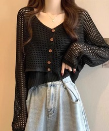 Stylevoice 　ニットキャミ付きニットカーディガン フロントリボン半袖ニットカーディガン＋レースリブキャミセット