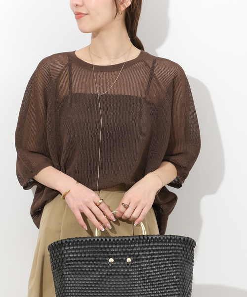 JOURNAL STANDARD relume(ジャーナルスタンダード レリューム)の「リネンミックスメッシュハーフスリーブプルオーバー(ニット/セーター・レディース・ブラウン/ホワイト系その他/チャコールグレー・FREE)」の1枚目の写真
